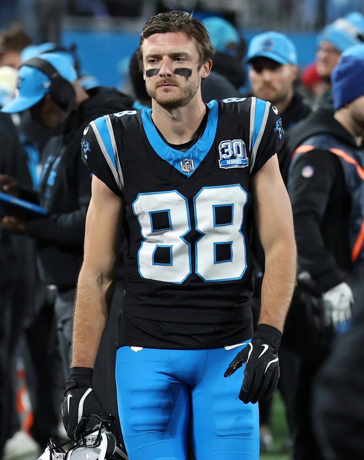 Carolina Panthers wide receiver Dan Chisena walks along the team’s sideline during action against the Tampa Bay Buccaneers at Bank of America Stadium in Charlotte, NC on Sunday, December 1, 2024. The Buccaneers defeated the Panthers in overtime 26-23.