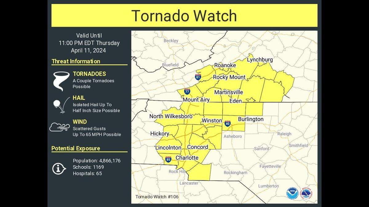 The Charlotte area is under a tornado watch until 11 pm. Thursday, April 11, according to a National Weather Service alert.