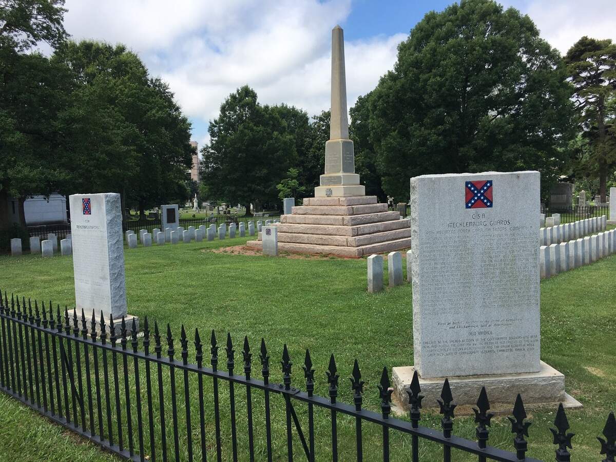 An obelisk honoring Confederate soldiers stands in Charlotte’s Elmwood Cemetery. A group commissioned by Charlotte Mayor Vi Lyles and City Council is proposing renaming nine streets in Charlotte. The group is not suggesting moving the monument in Elmwood, but instead adding signs to contextualize it.