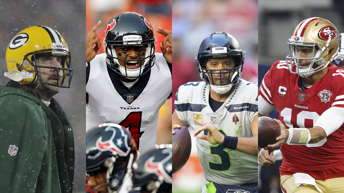 The Carolina Panthers are in the market to trade for a quarterback, and Aaron Rodgers, left, Deshaun Watson (4), Russell Wilson (3) and Jimmy Garoppolo (10) could be targets.