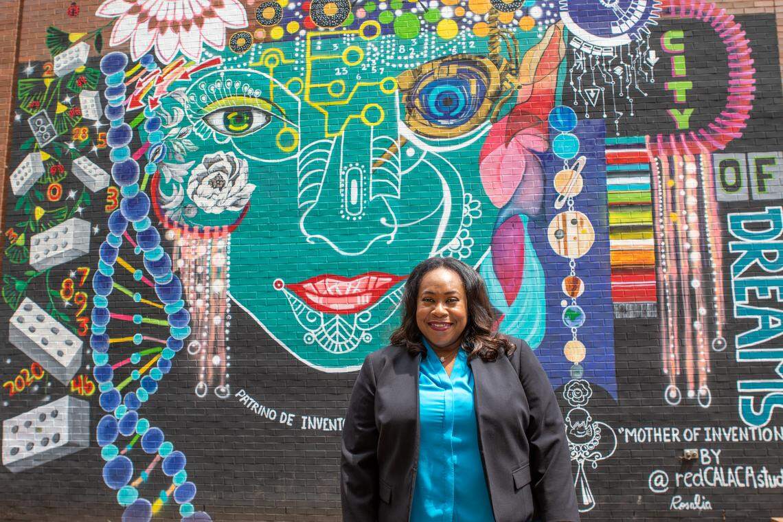 “Mother of Invention,” a mural by Rosalia Torres-Weiner of Red Calaca Studio that was painted on the side of Discovery Place Science as a part of Charlotte SHOUT, is Tifferney White’s favorite piece of hidden cool art. 