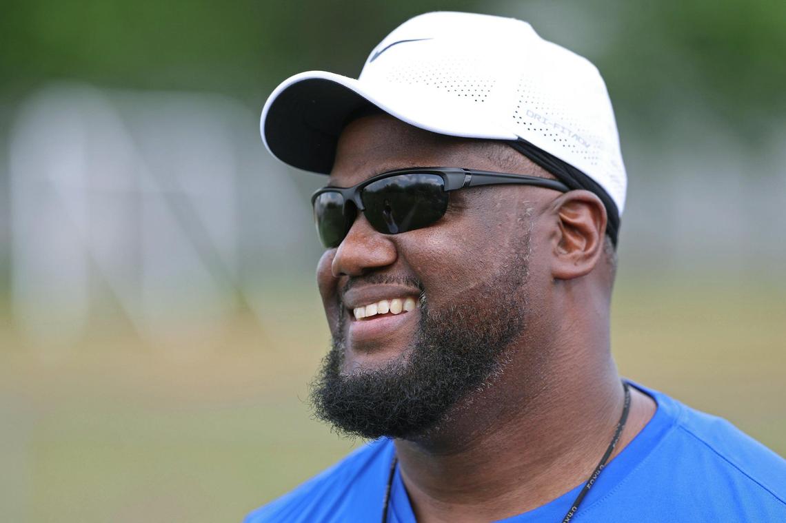 Garinger High School head football coach Jupiter Wilson on Tuesday, April 29, 2025. Garinger High School has been through dozens of coaches trying to turn the program around. Now, the former UNC football player is taking his turn.