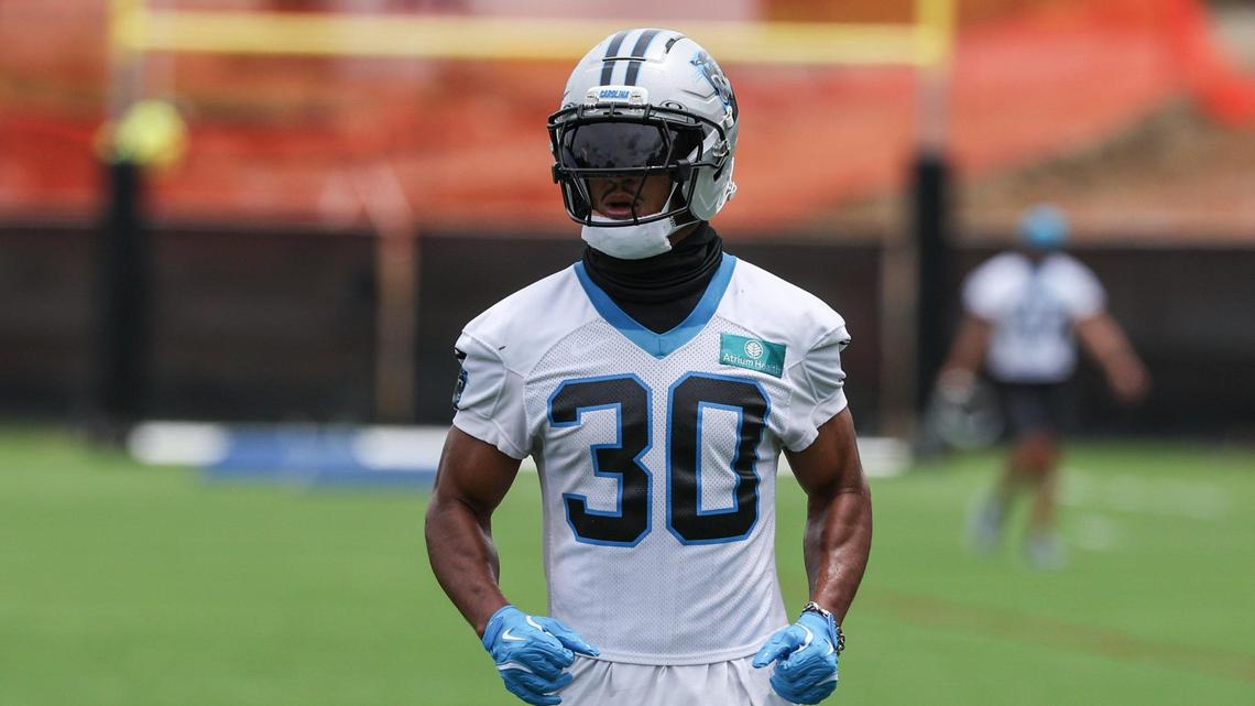 Panthers running back Chuba Hubbard runs through a drill during the first day of minicamp at the practice fields behind Bank of America Stadium in Charlotte, NC on Tuesday, June 10, 2025.
