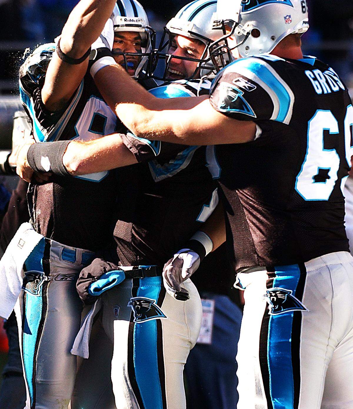 Three of the four new members of the Panthers’ Hall of Honor celebrated this Steve Smith touchdown in 2003. From left to right: Smith, quarterback Jake Delhomme and offensive tackle Jordan Gross.