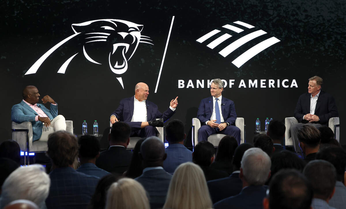 Carolina Panthers owner David Tepper, second from left, responds to a question as moderator and Fox NFL Sunday host Curt Menefee, left, Bank of America CEO Brian Moynihan and NFL Commissioner Roger Goodell listen during a fireside chat about renovations to Bank of America Stadium the team’s impact on the city of Charlotte, NC on Thursday, July 23, 2026.