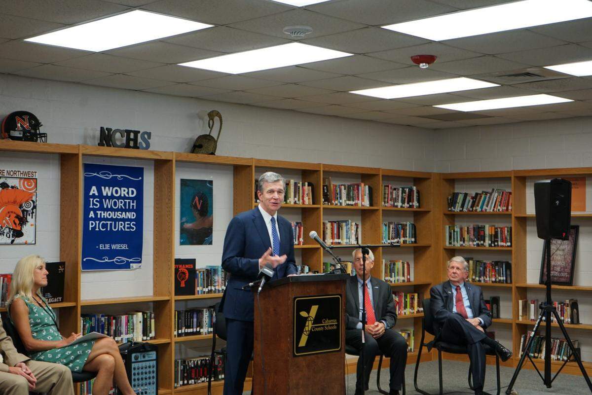 Gov. Roy Cooper stopped in Concord Tuesday to talk COVID-19 vaccinations and school mask requirements.