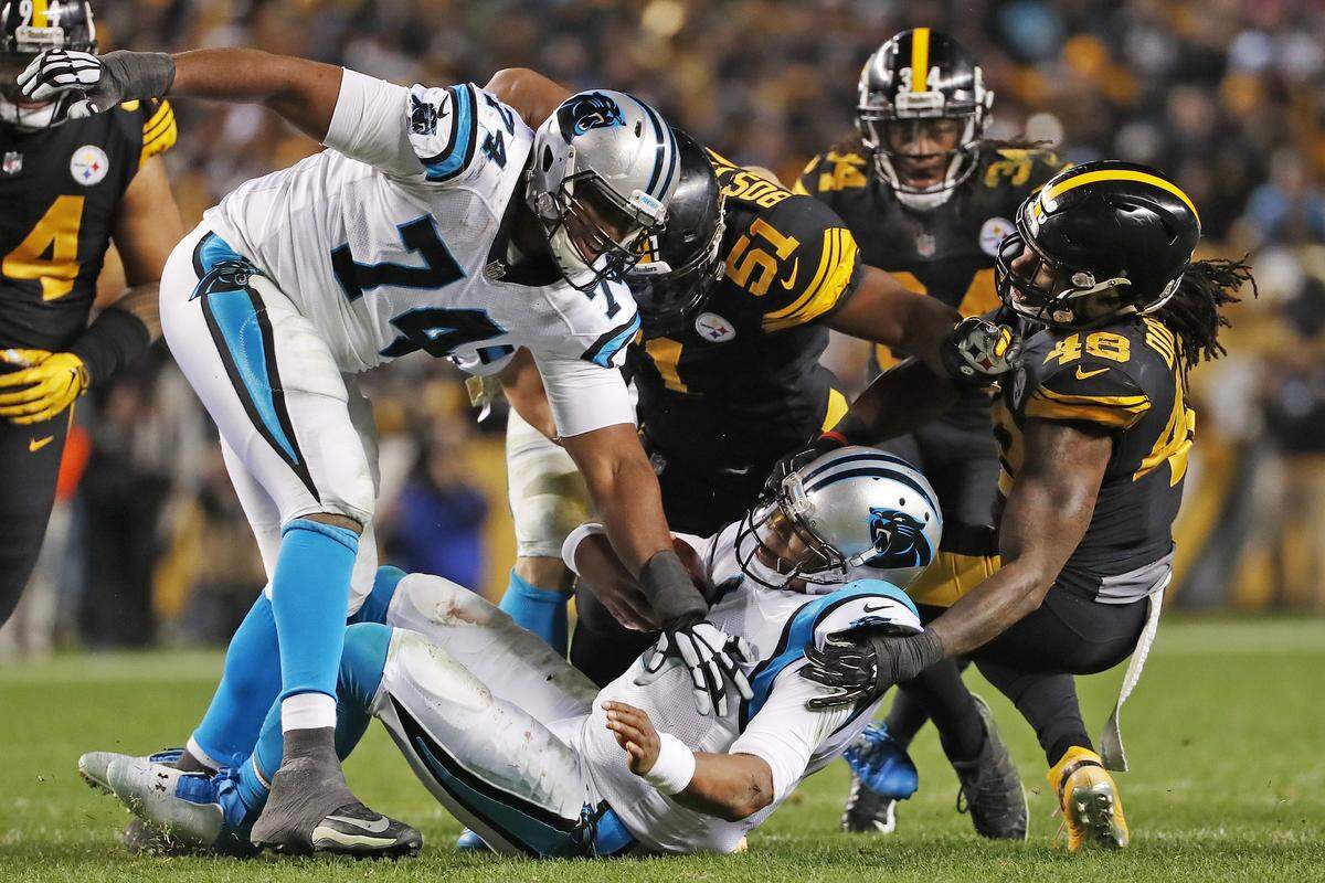 The Pittsburgh Steelers’ speed on the outside caused problems for Carolina Panthers quarterback Cam Newton (1), here being sacked by outside linebacker Bud Dupree (48) and inside linebacker Jon Bostic (51). Pittsburgh, though, has uncommon athleticism on defense.
