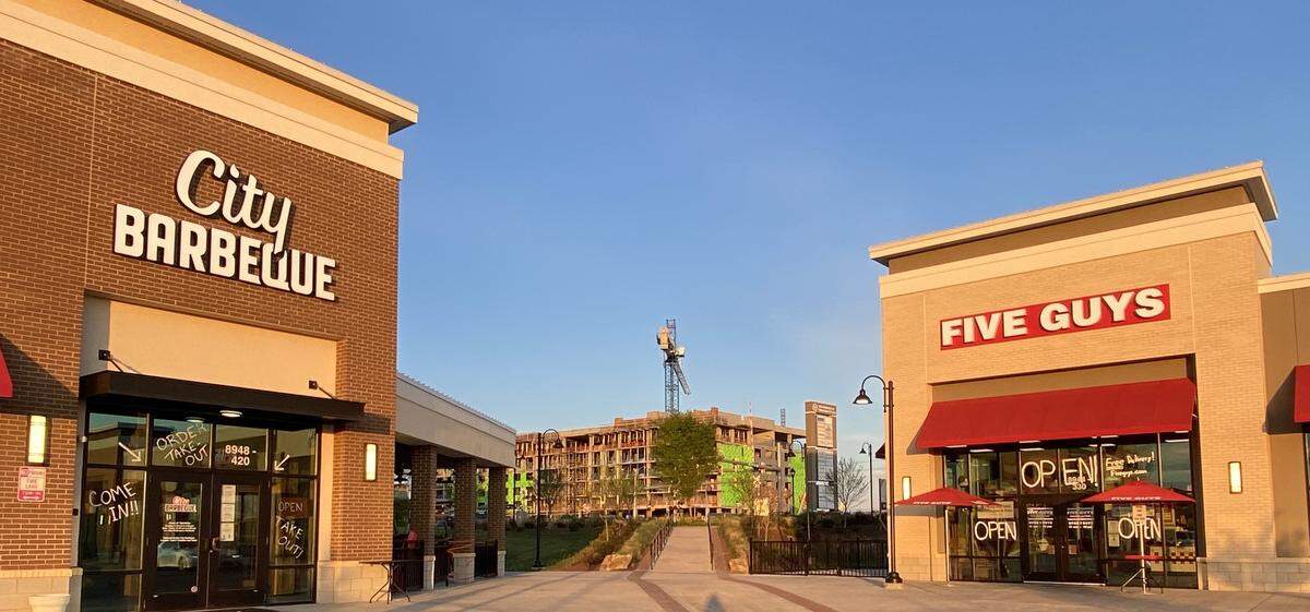 City Barbeque and Five Guys on April 4, 2020, during the COVID-19 pandemic.