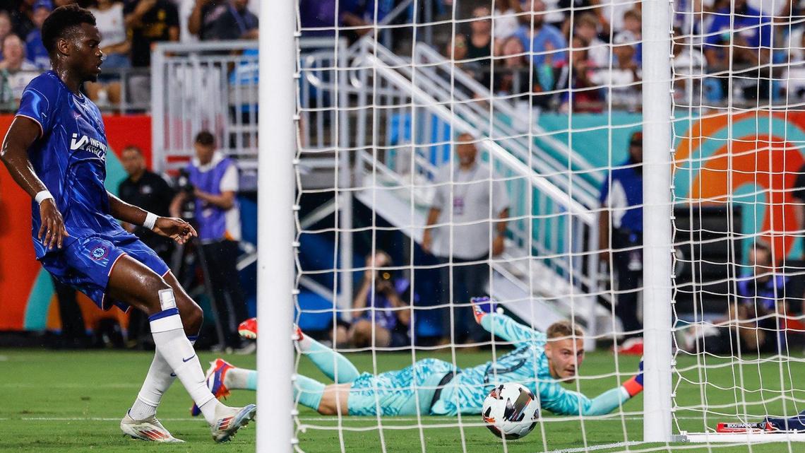 Thumb injuries can be common for soccer goalies. In this photo, Chelsea’s goalie Filip Jorgensen, center, watches as the ball enters the net as Real Madrid’s Brahim Diaz scores during the match at Bank of America Stadium in Charlotte, NC on Tuesday, August 6, 2024.