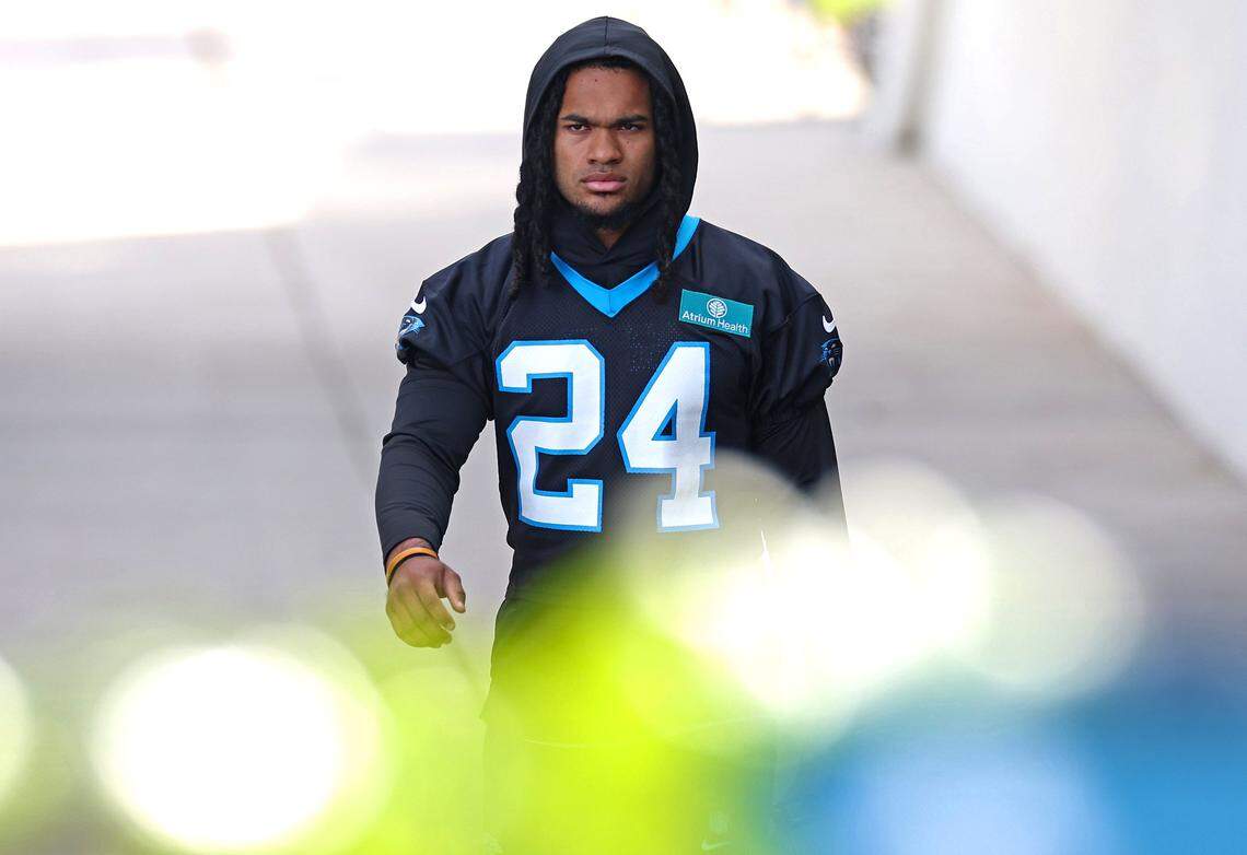 Carolina Panthers rookie running back Jonathon Brooks walks to practice on Monday, November 18, 2024.