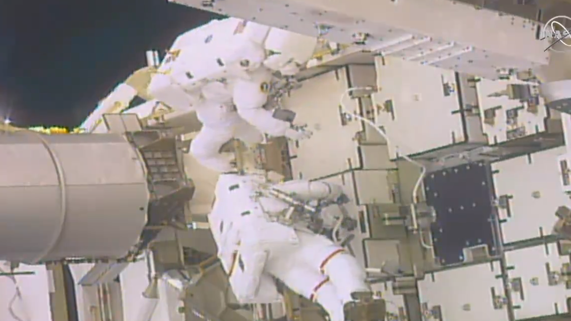 A moment from Friday’s spacewalk, broadcast live by NASA.