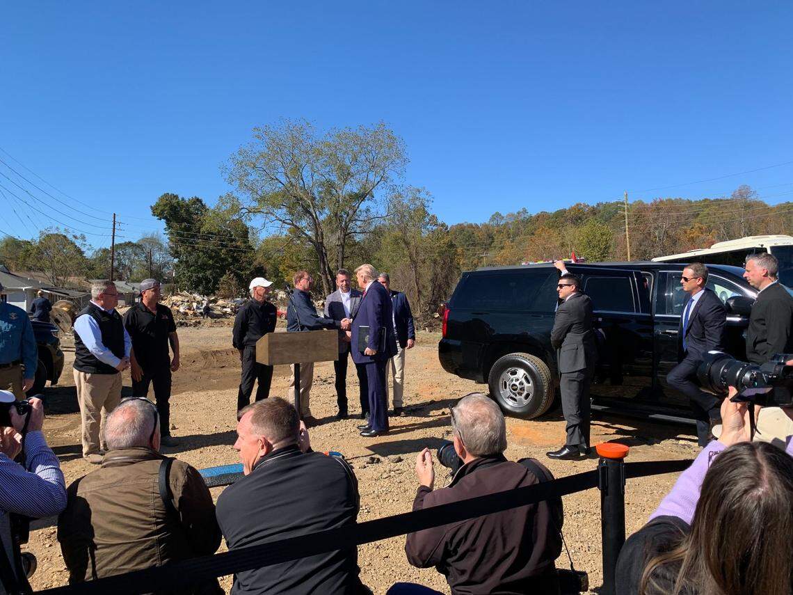 Former President Donald Trump arrives in Swannanoa after touring damage from Helene.