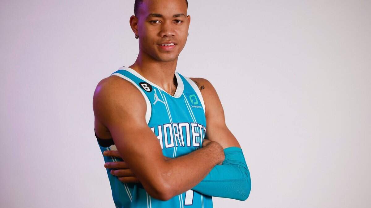 Charlotte Hornets guard Bryce McGowens poses for a portrait during media day at Spectrum Center in Charlotte, N.C., Monday, Sept. 26, 2022.