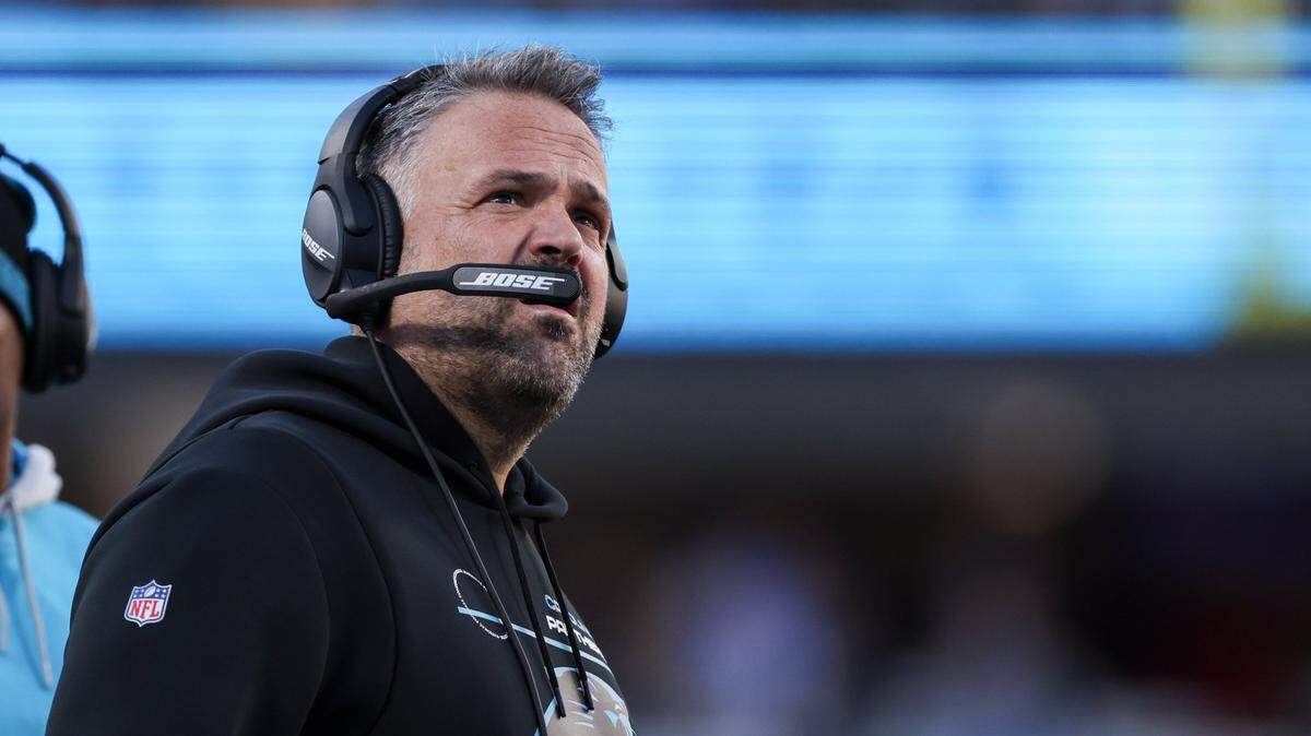 Carolina Panthers coach Matt Rhule looks up during the game against the Atlanta Falcons at the Bank of America Stadium in Charlotte, N.C., on Sunday, December 12, 2021.