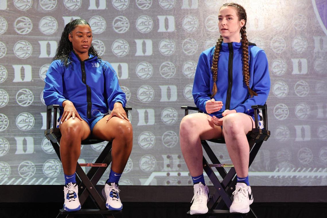 Duke’s Reigan Richardson, left, listens as teammate Kennedy Brown speaks during the ACC Women’s Basketball Tipoff in Charlotte, NC on Tuesday, October 23, 2023.