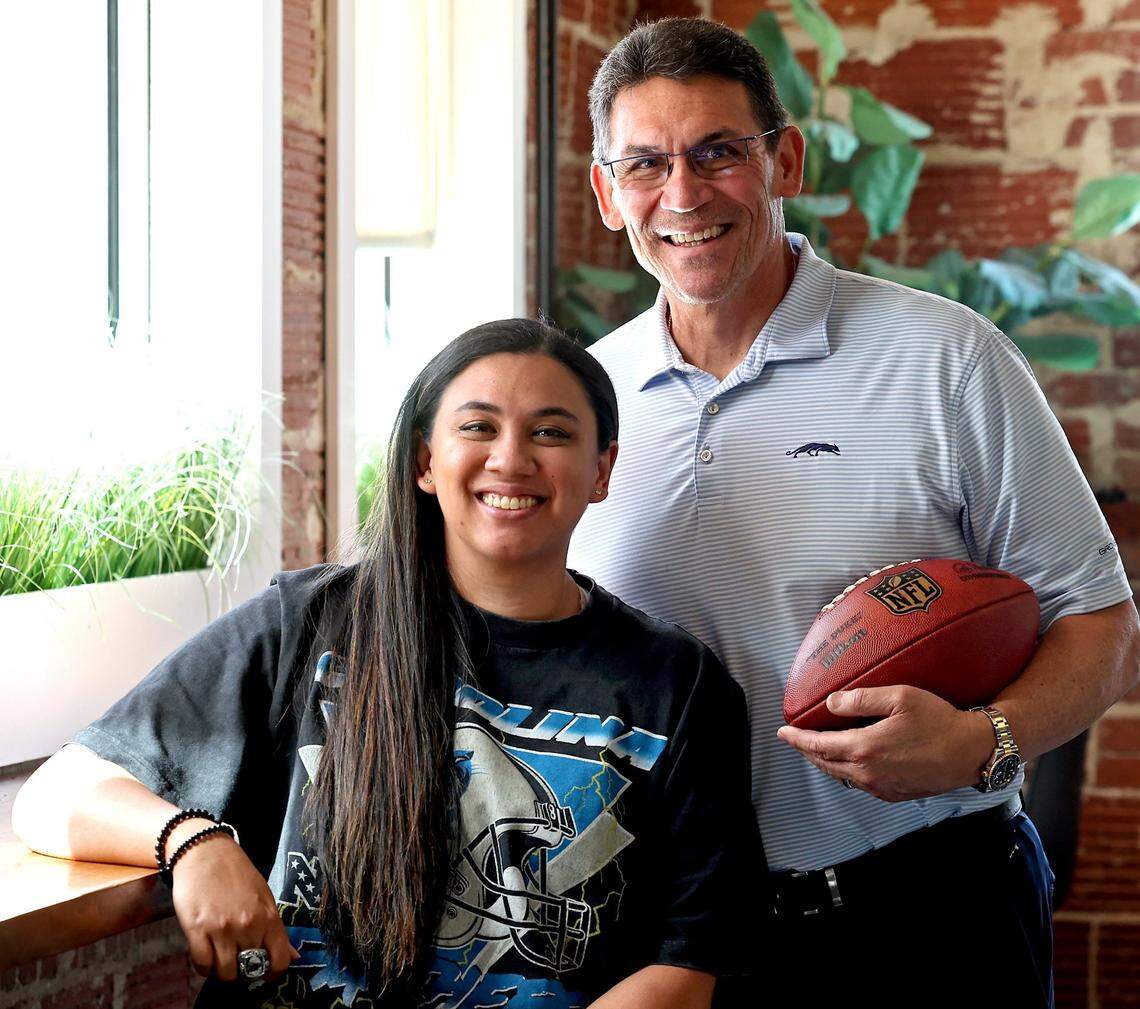 Courtney Rivera, left and her father, former Carolina Panthers head coach Ron Rivera, right, on Wednesday, March 19, 2025. Ron Rivera was the head coach of the Carolina Panthers in 2011-2019, including the Super Bowl year of 2015. Courtney Rivera worked as the Panthers’ social media coordinator during much of her father’s tenure with the team.