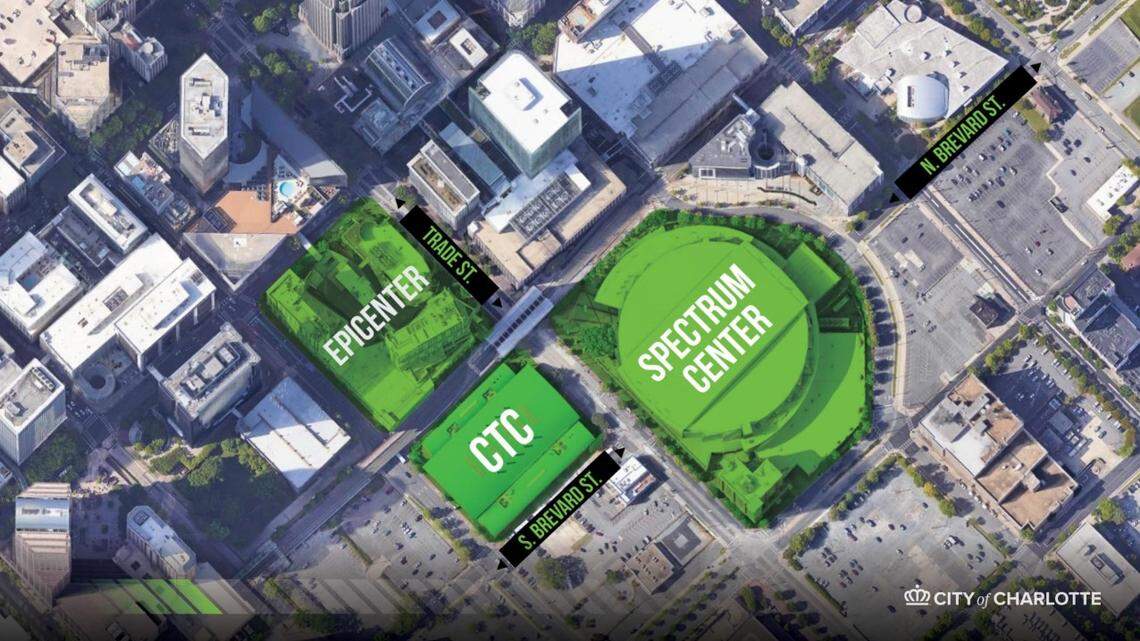 This image shows the Spectrum Center, where the Charlotte Hornets play, the Charlotte Transportation Center and the Epicentre, which is being sold. The city hopes a renovated Spectrum Center, new practice facility, renovated transportation facility and sale of the Epicentre will transform the area into a new Uptown district.