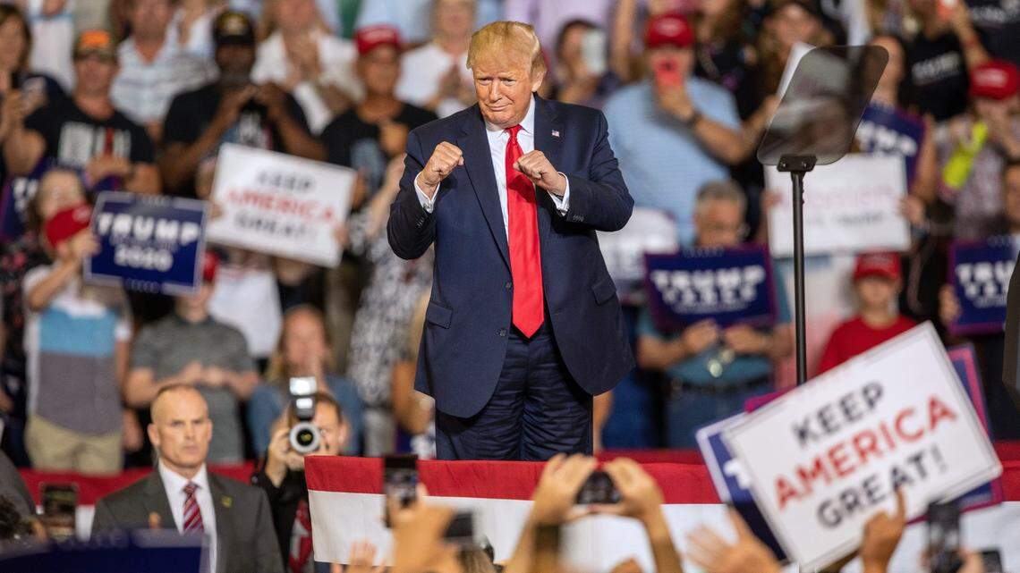 President Donald Trump works the crowd during a campaign rally Wednesday, July 17, 2019 at East Carolina University in Greenville, NC.