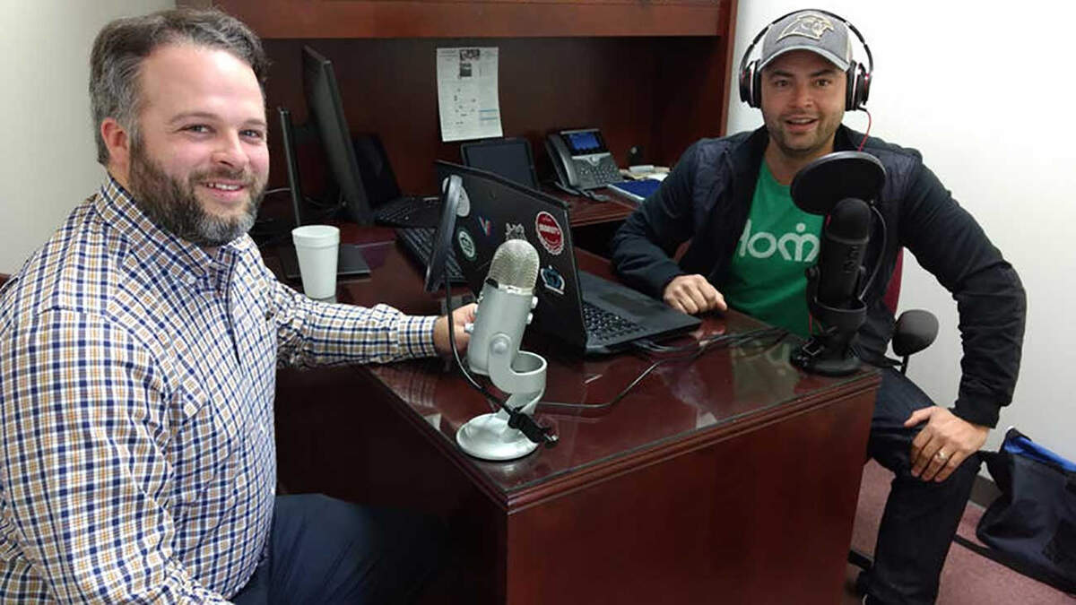 Democrat Larken Egleston and Republican Tariq Bokhari record their podcast after Monday night City Council meetings.