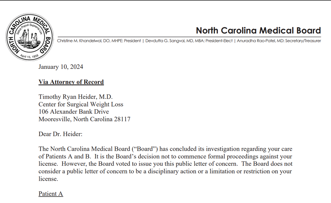 Text from a public “letter of concern” sent to Heider about his care of Tylor Savage and Lynnette York in January 2024. Letters of concern are not considered disciplinary and do not impact a physician’s license, the letter states. 