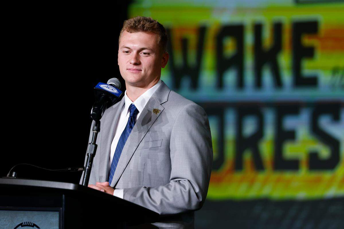 Wake Forest quarterback Mitch Griffis talks to the media at the 2023 ACC Kickoff in Charlotte, N.C., Thursday, July 27, 2023. (Photo by Nell Redmond/ACC)