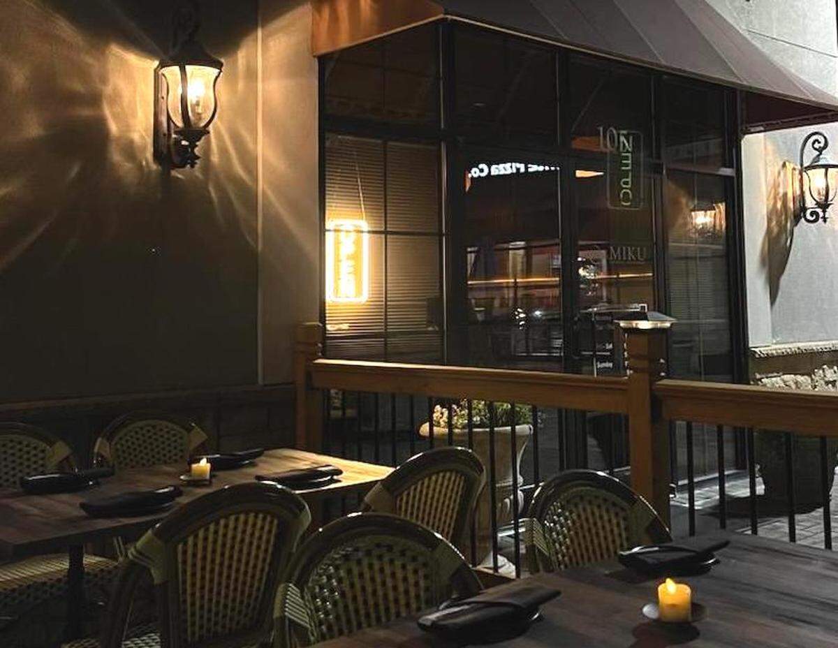 The patio space outside Miku, located at 8129 Ardrey Kell Road, Suite 105.