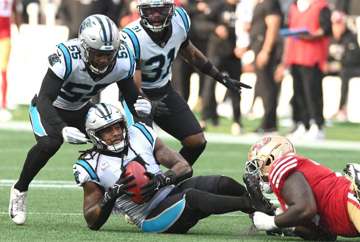 Carolina Panthers linebacker Shaq Thompson recovers the ball off a blocked San Francisco 49ers field goal attempt during second quarter action at Bank of America Stadium on Sunday, October 9, 2022.