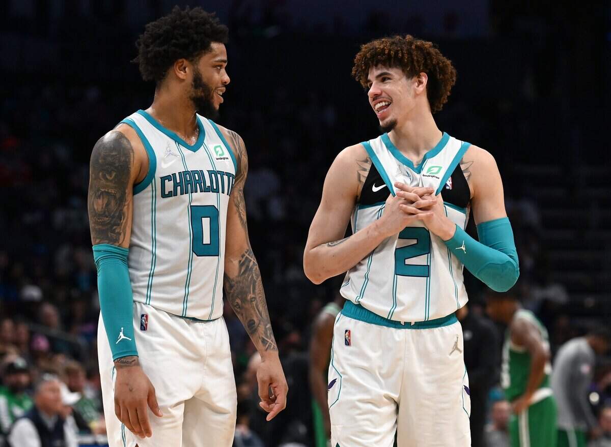 Charlotte Hornets forward Miles Bridges (left) and guard LaMelo Ball provided some of the most dynamic alley-oop plays in the NBA for years. Within the past week, both have been traded.