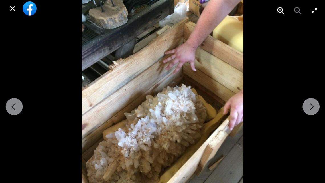 A screen grab from the Henderson County Sheriff’s Office Facebook page shows a large quartz crystal cluster they say was stolen from a gem mine in Western North Carolina last week.