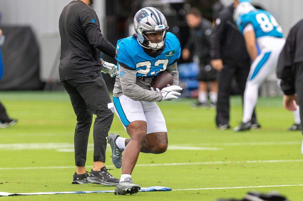 Carolina Panthers running back Trevor Etienne runs with the football during a joint practice session between the Browns and Panthers at the Bank of America Stadium practice fields in Charlotte, NC, Wednesday Aug. 6, 2025.