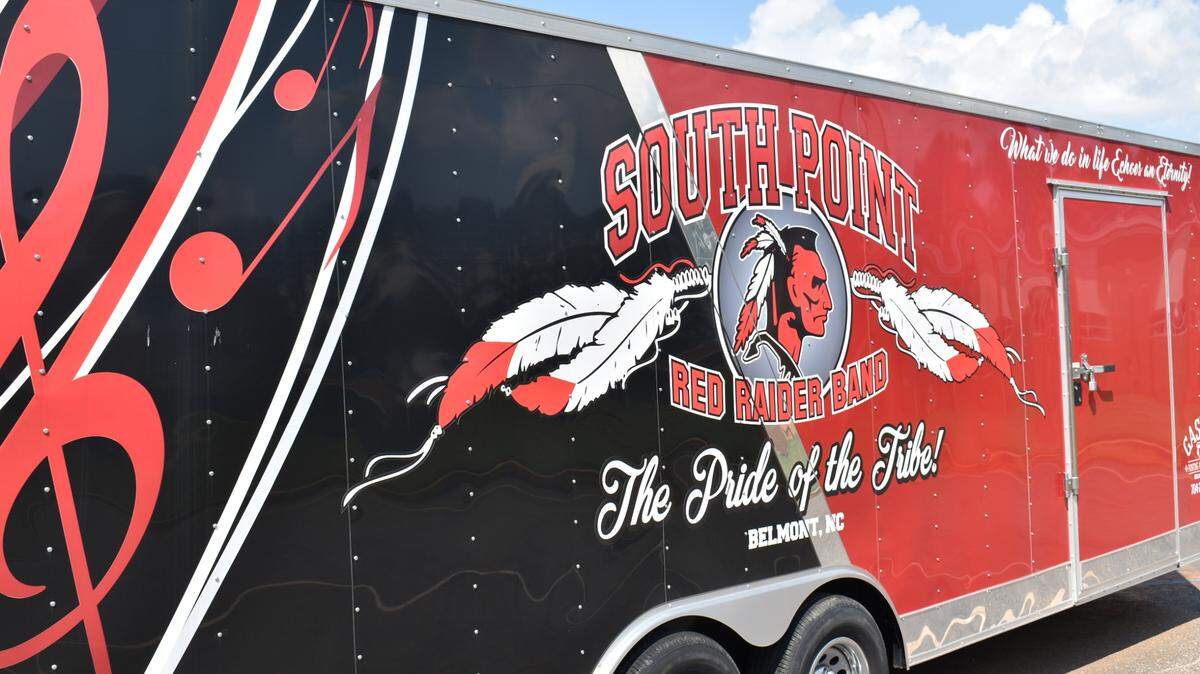 This South Point High School marching band trailer displays the controversial Red Raiders logo. The Metrolina Native American Association and other N.C. groups have been fighting for 15 months to get Gaston County Schools to retire the mascot. They say they’re being ignored and disrespected.