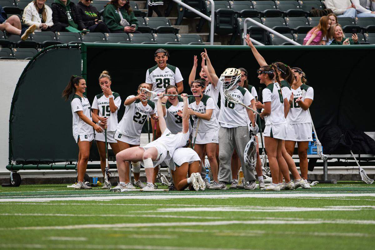 Charlotte women’s lacrosse celebrates one of 20 goals during its inaugural game on Saturday, Feb. 8, at Jerry Richardson Stadium in Charlotte, N.C.