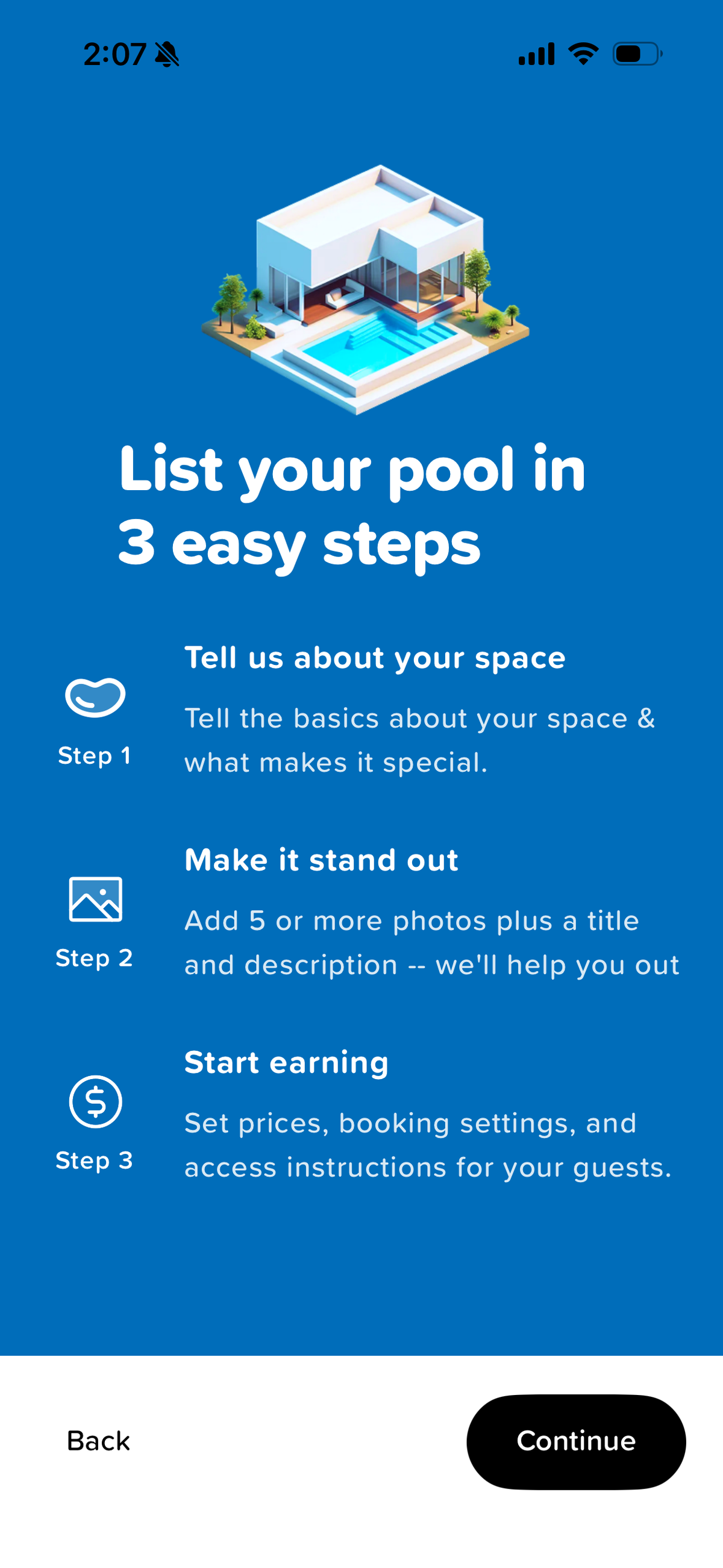 The Swimply app lists the steps for listing a residential pool for rent on the service.