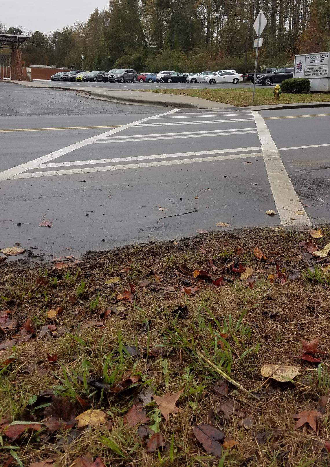 The crosswalk on Moores Chapel Road in front of Turning Point Academy doesn’t connect to the sidewalk on the other side of the road, blocked by a strip of weeds and mud several feet wide. Franziska Bruckner, 85, died trying to cross Moores Chapel Road a few dozen feet away. Her daughter Christine Bruckner said the weeds sometimes reach knee-high in between mowings.