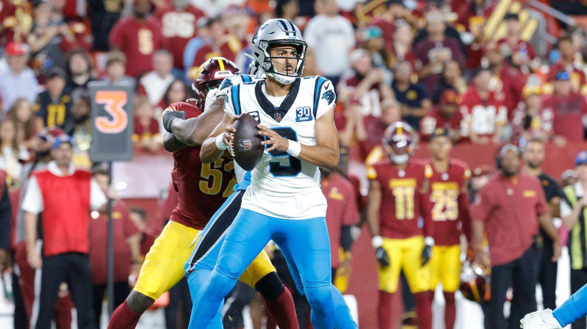 Carolina Panthers quarterback Bryce Young (9) prepares to throw the ball against the Washington Commanders during the second half at Northwest Stadium on Oct 20, 2024.