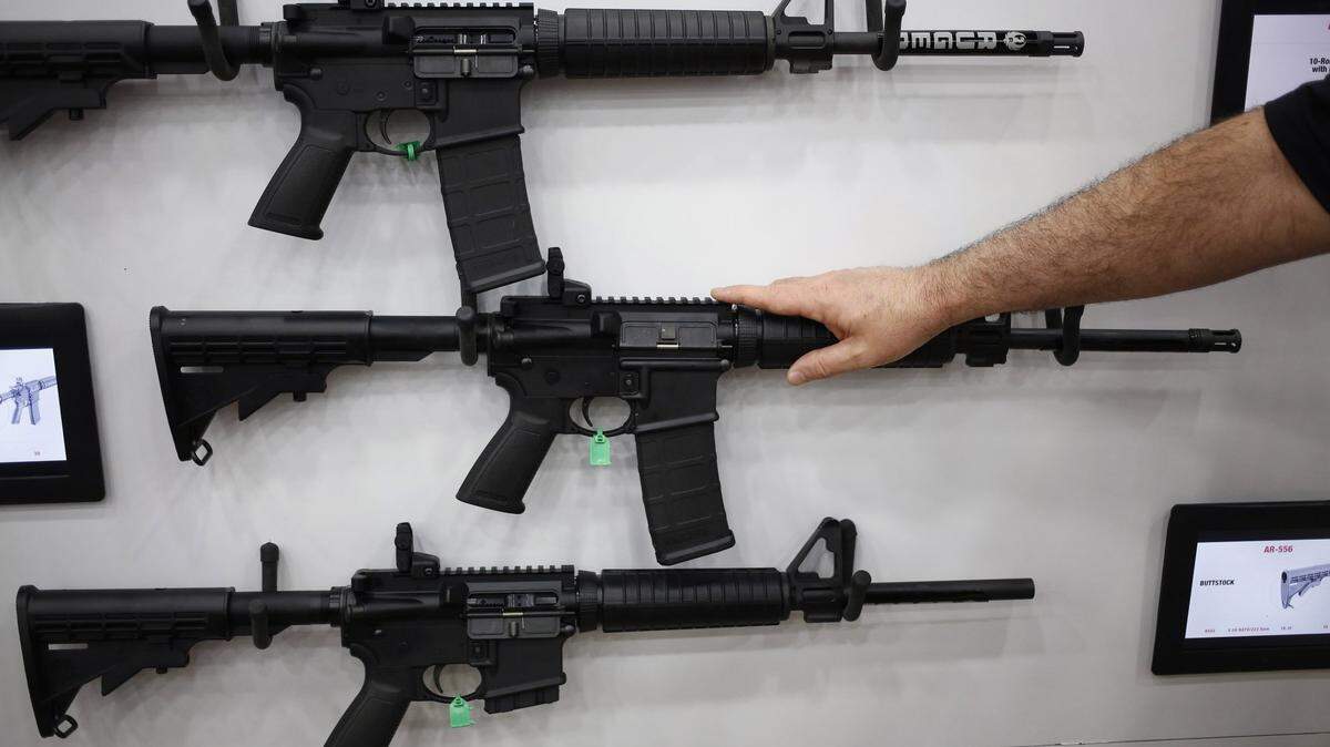 AR-15 rifles are displayed on the exhibit floor during the National Rifle Association annual meeting in Louisville, Kentucky, on May 20, 2016.