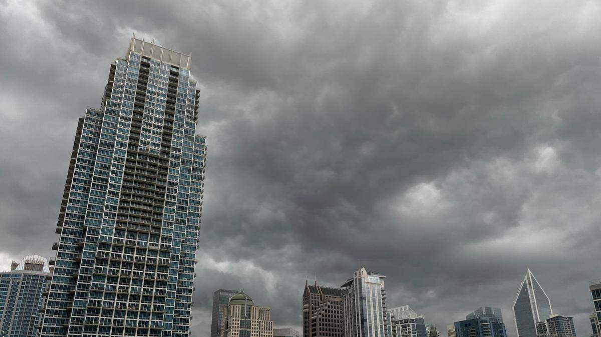 A shelf cloud cloaked uptown as severe thunderstorms rolled in with damaging winds and threatened hail and tornadoes near Charlotte, N.C. Monday, Aug. 7, 2023. The Federal Aviation Administration may ground planes out of Charlotte Douglas International Airport.