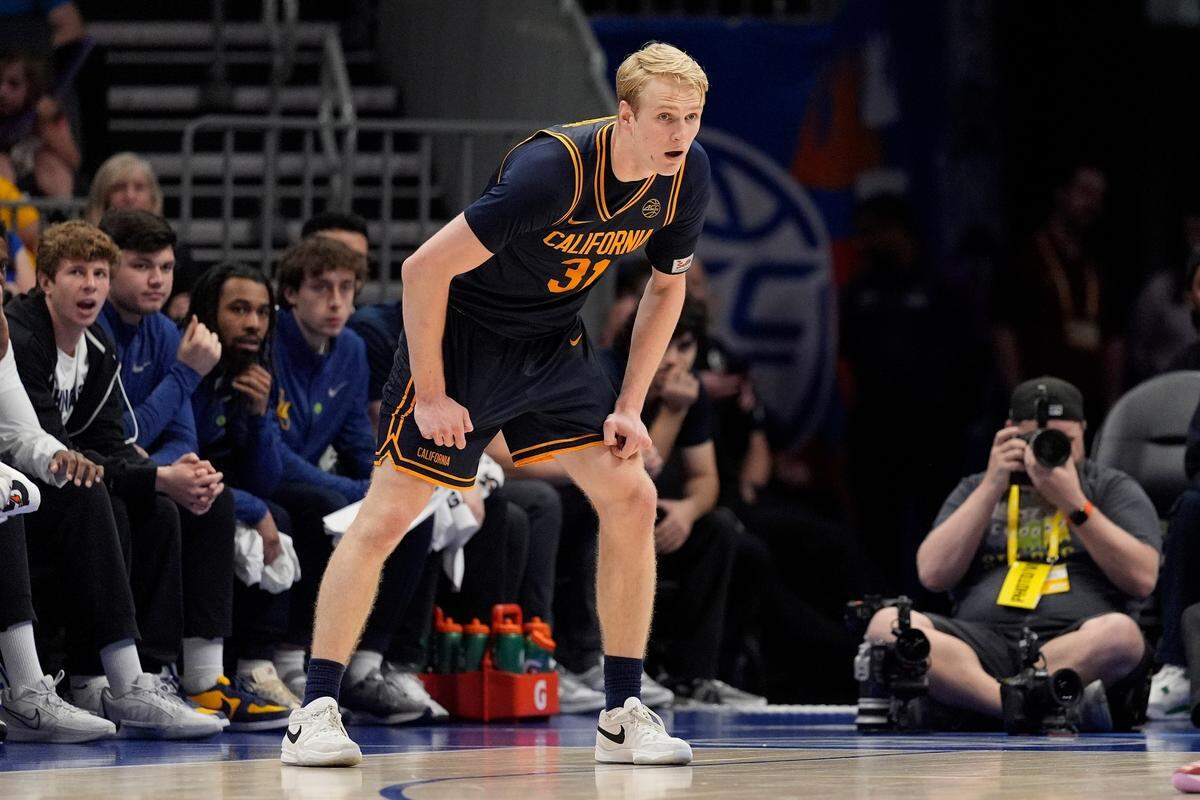 Mar 11, 2025; Charlotte, NC, USA; California Golden Bears forward Rytis Petraitis (31) waits for the play to start against the Virginia Tech Hokies during OT at Spectrum Center.