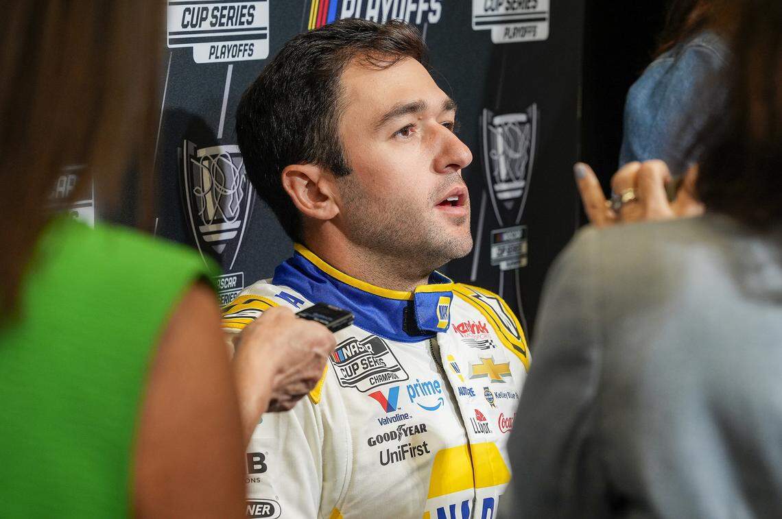 Aug 27, 2025; Charlotte, NC, USA; Chase Elliott answers questions from the media during NASCAR Cup Series Playoff Media Day at Charlotte Convention Center.