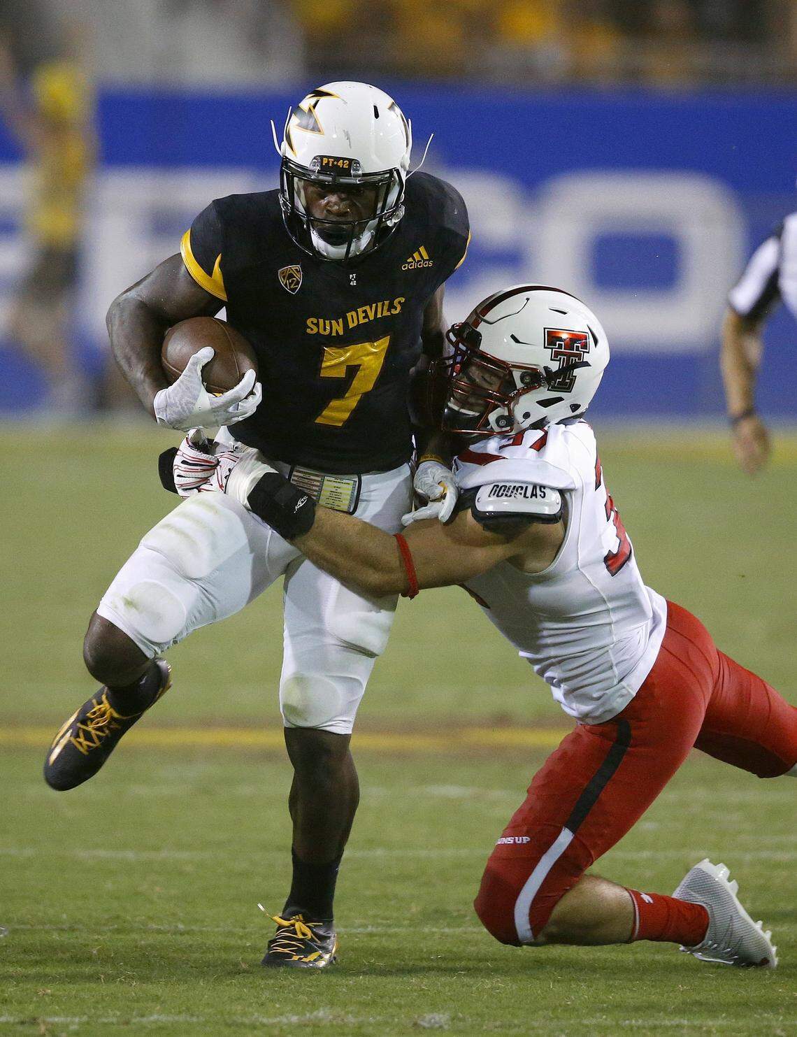Arizona State RB Kalen Ballage (7) shared carries during his final season with the Sun Devils, but still made an impact. The question is whether he has the physical running skills to fill the void left when the Panthers cut Jonathan Stewart before free agency.
