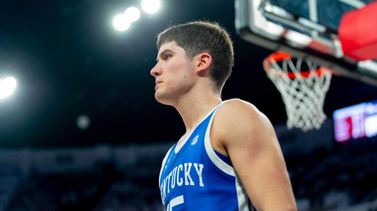 Kentucky Wildcats guard Reed Sheppard (15) reacts after he was fouled while scoring a basket late in the second half during a game at Humphrey Coliseum in Starkville, Miss., on Tuesday, Feb. 27, 2024.