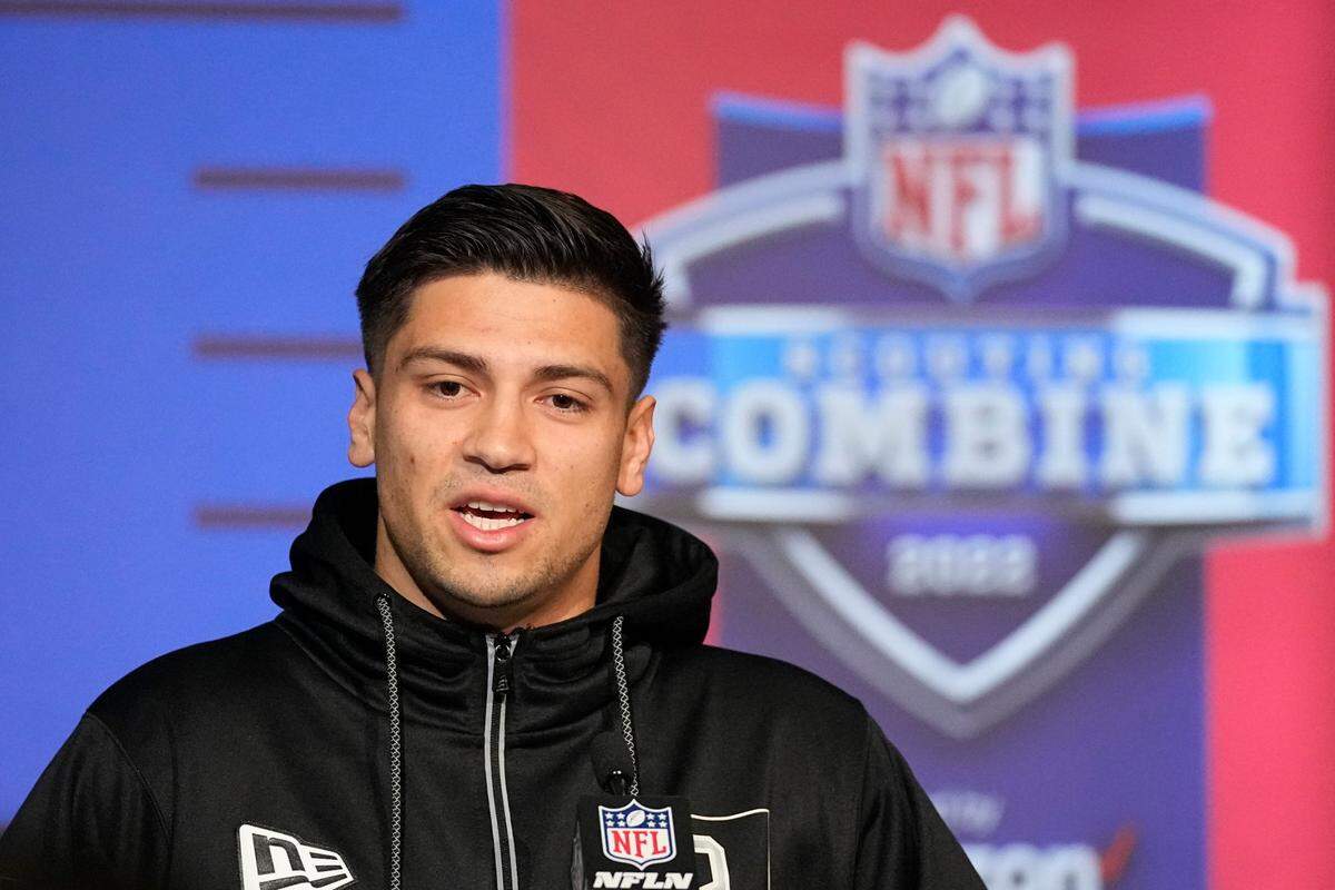 Mississippi quarterback Matt Corral speaks during a press conference at the NFL football scouting combine, Wednesday, March 2, 2022, in Indianapolis. (AP Photo/Darron Cummings)