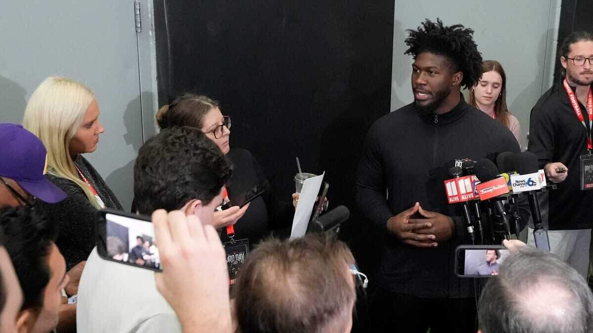 Former Georgia linebacker Jalon Walker (11) speaks with the media during UGA Footballs Pro Day in Athens, Ga., on Wednesday, March 12, 2025. Representatives from all 32 NFL teams are on hand to watch former UGA football players in action.