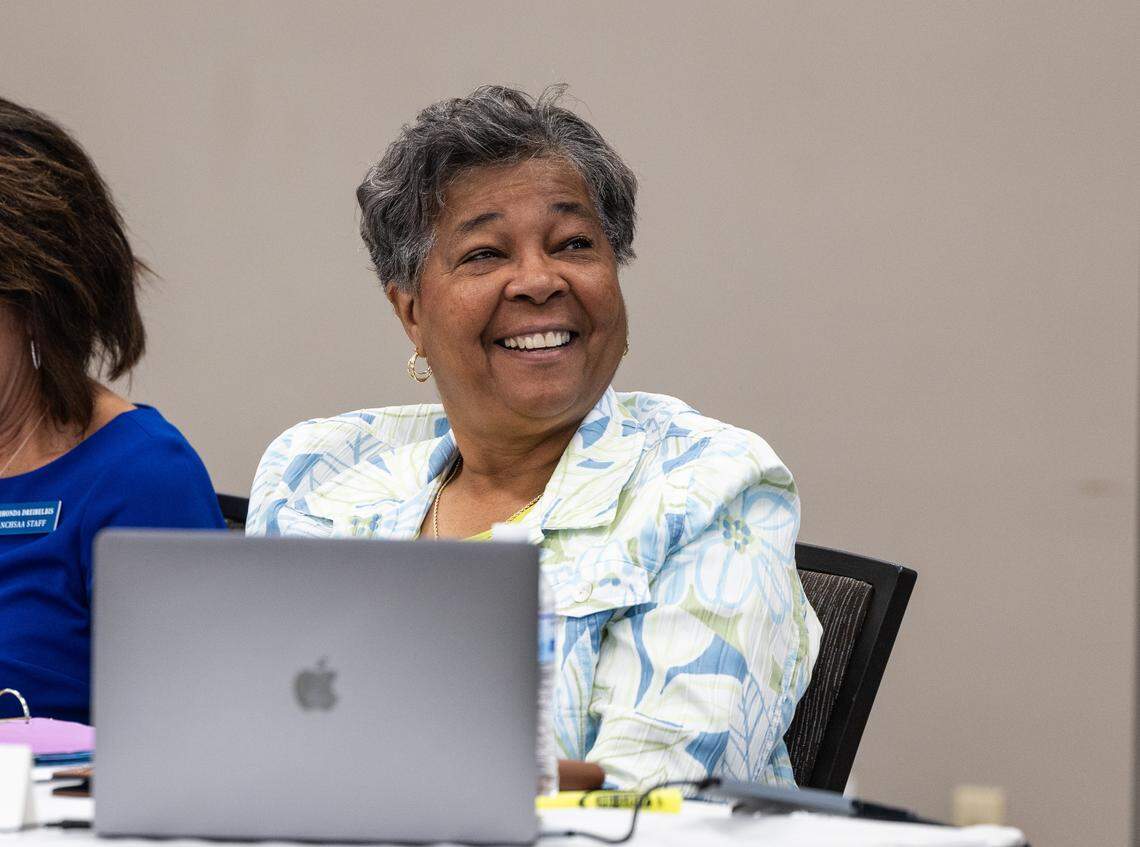 Commissioner Que Tucker smiles during an NCHSAA regional meeting at Cabarrus Arena in Concord, N.C., on Monday, September 15, 2025.