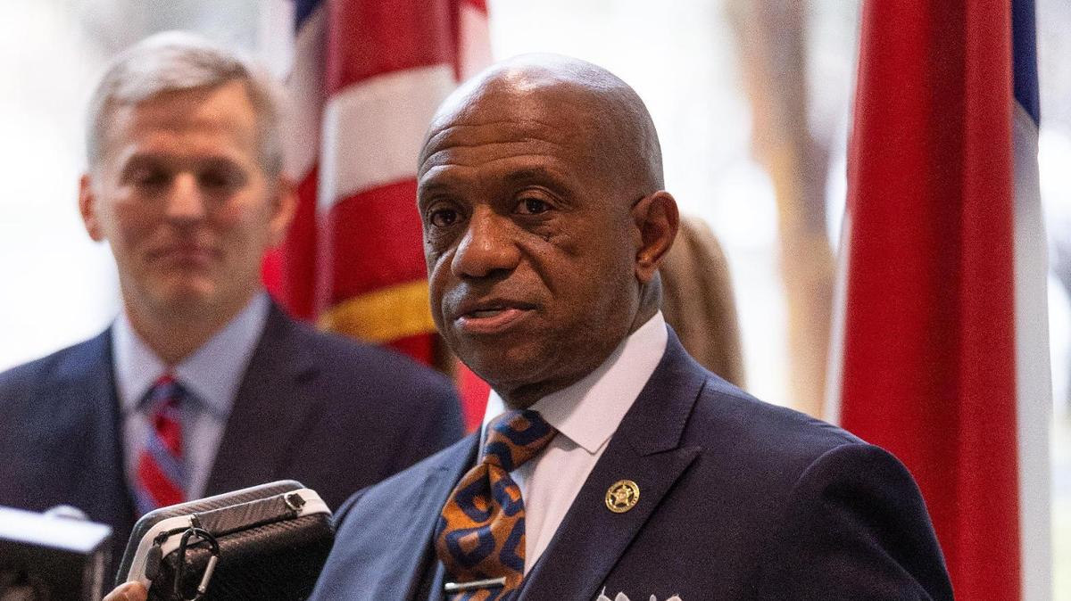 Mecklenburg County Sheriff Garry McFadden holds an overdose prevention kit during a press conference at the Mecklenburg County Sheriff’s Office on March 27, 2024.