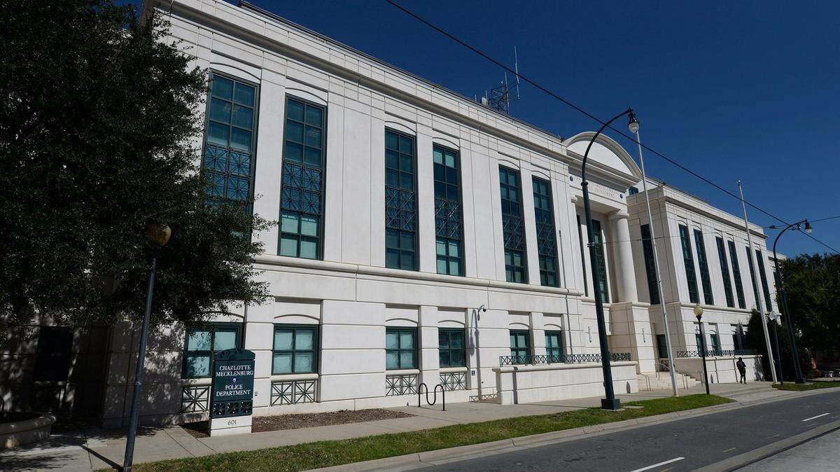 The Charlotte-Mecklenburg Police Department on the corner of South Davidson Street and East Trade Street.