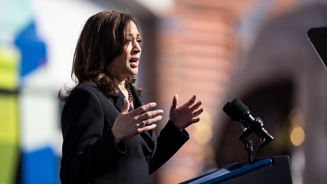 Vice President Kamala Harris speaks at the Charlotte Area Transit System garage in Charlotte, N.C., on Dec. 2, 2021.