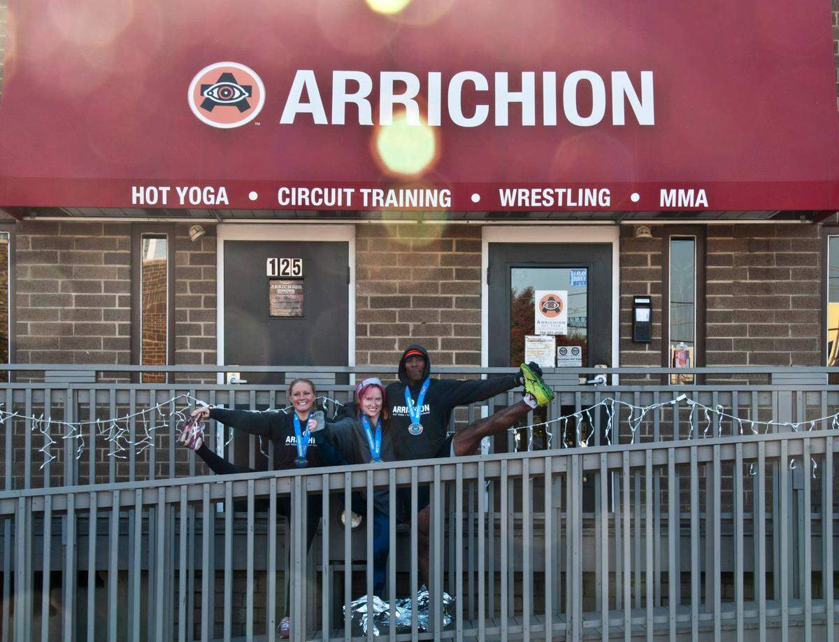 Quinn Reynolds, myself and Titus Tard all trained at Arrichion Hot Yoga before the Charlotte Marathon in 2014. Here we are after the race.