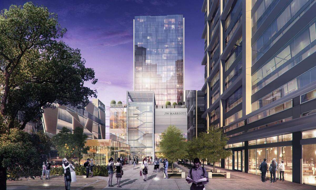 A rendering of the JW Marriott Hotel headed for the Ally Charlotte Center project at Stonewall and College streets in uptown.
