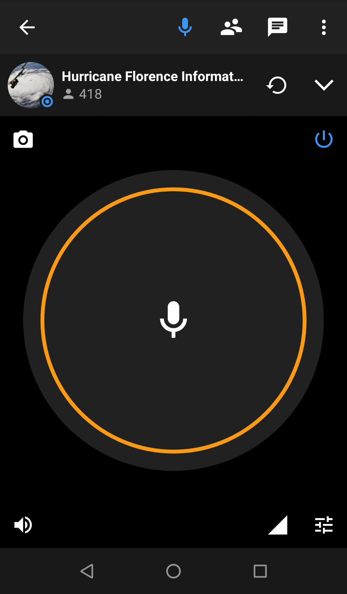 Press the microphone button to talk. The outer circle will glow green if someone else it talking.